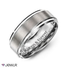 a wedding ring with the words always and forever engraved on it, in white gold