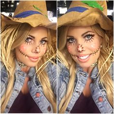 two pictures of a woman with makeup on her face and wearing a scarecrow hat