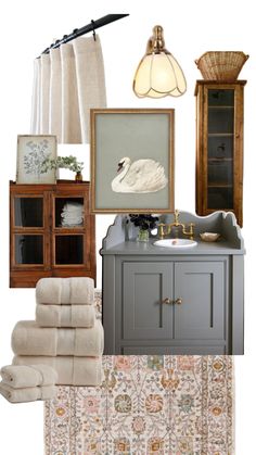 the bathroom is decorated in shades of gray, beige and white with gold accents on it