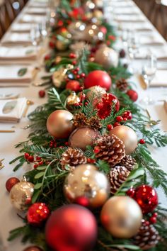 a long table is decorated with christmas decorations and pine cones on it's sides