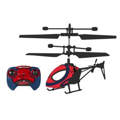 a remote control helicopter next to a red and blue toy helicopter on a white background