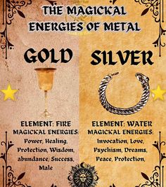 an advertisement for the magickal energies of metal gold silver, which is also available as a candle holder