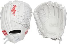 a white baseball glove with red lettering on the inside of it and an empty mitt