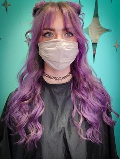 Purple Balayage With Bangs, Lavender Bangs Hair, Curtain Bangs Purple Hair, Purple Hair With Curtain Bangs, Space Buns With Curtain Bangs, Lavender Shag Hair, Purple Curtain Bangs, Space Buns Bangs, Curtain Bangs Dyed