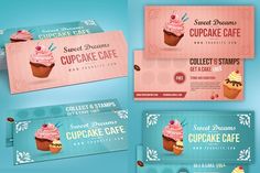 three different business cards with cupcakes on them