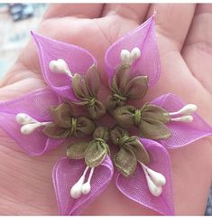 a hand holding a small purple flower with white petals