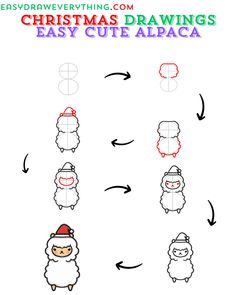 Easy alpaca drawing Christmas Food Drawing, Cute Christmas Drawing Ideas, Christmas Drawings Easy, Alpaca Drawing, Christmas Alpaca, Christmas Drawing Ideas, Easy Animal Drawings