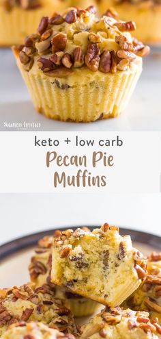 keto and low carb pecan pie muffins stacked on top of each other