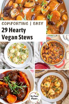 different types of vegan stews with text overlay reading comforting easy 29 hearty vegan stews