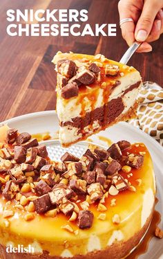 a person is cutting into a cheesecake on a white plate with walnuts and caramel