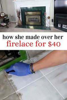 a person in blue gloves is painting a fireplace with white paint and the words how she made over her fireplace for $ 40