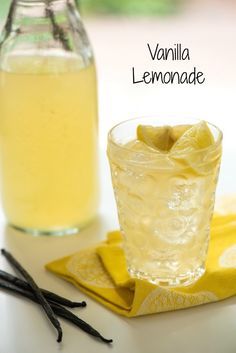 vanilla lemonade in a glass next to a bottle