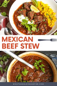 mexican beef stew with rice and cilantro on the side