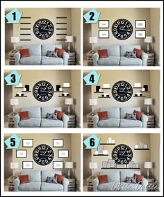 four pictures showing the steps to make a living room look like it has been decorated with clocks