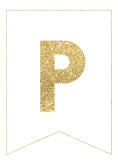 the letter p is made up of gold glitter and has a white border around it