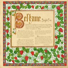 an ornate frame with strawberrys and leaves in the center, surrounded by words that spell out eight years