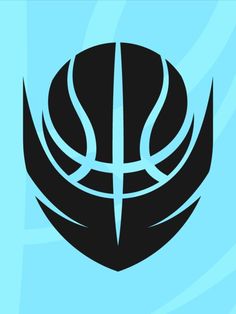 a black and blue basketball logo on a light blue background with white lines in the center