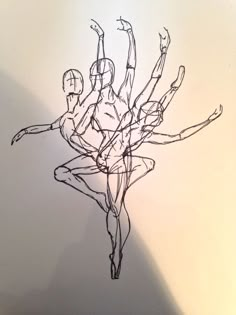 a black and white drawing of a ballerina in the air with her arms stretched out