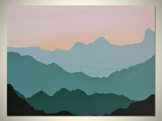 a painting with mountains in the background and a sky line behind it that is pink, blue, green, and yellow