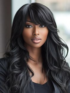 Dark Hair With Fringe, Bangs On Black Women, Weave Hairstyles With Bangs, Bangs With Side Part, Side Bangs Haircut, Wedding Hairstyles With Bangs, Wigs Silver, Styles Wigs, Dreamy Hair