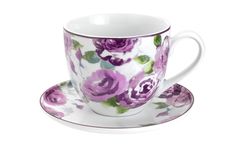 a cup and saucer with purple flowers on it for $ 4 99 or more