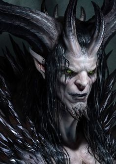 an evil looking man with large horns and green eyes