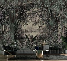 a living room with a large mural on the wall