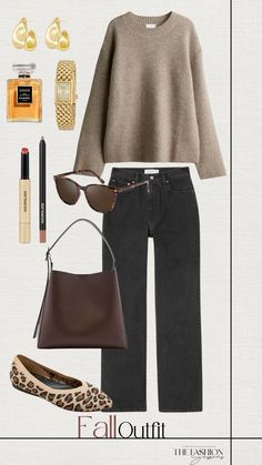 Leopard Flats Outfits Winter, Black Sweater Pants Outfit, Fall Transitional Outfits 2024, Leopard Flats Outfits Fall Fashions, Fall Leopard Outfits, Striped Sweater Outfit Fall, Cheetah Print Flats Outfits, Brown V Neck Sweater Outfit, Chocolate Brown Sweater Outfit