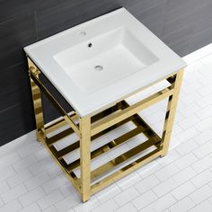 a white sink sitting on top of a wooden stand