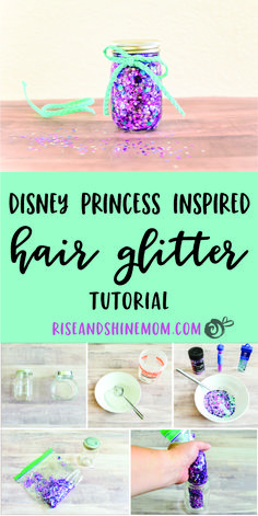 Disney Princess Inspired Hair Glitter Tutorial - Rise and Shine Mom Diy Hair Glitter How To Make, Diy Hair And Face Glitter, Diy Glitter Gel For Hair, How To Make Hair Glitter Gel, Diy Glitter Hair Gel, Diy Hair Glitter Gel, Hair Glitter Ideas, Diy Hair Glitter, Glitter Gel For Hair