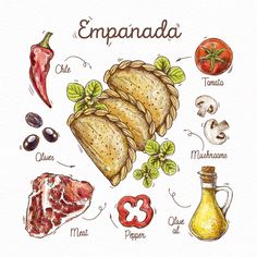 the ingredients for an enpanada are shown in this hand - drawn watercolor illustration