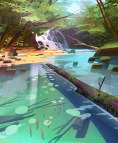 an artistic painting of a waterfall in the woods with fish swimming around it and rocks on the ground