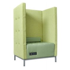 a green chair with an open back and button buttons on the side, sitting in front of a white background