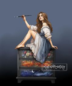 a painting of a woman sitting on top of a dresser holding a paintbrush in her hand