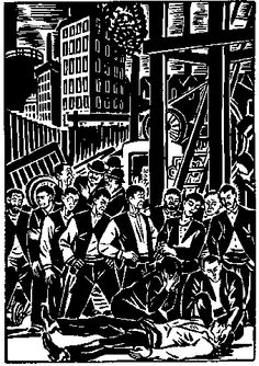 a black and white drawing of people in the city