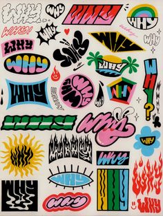 an assortment of stickers on a sheet of paper with the words and symbols in different colors