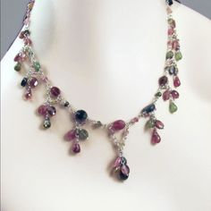 If You Like Tourmaline, This Is The Necklace For You! Every Possible Shade ... Black, Watermelon, Pale Pink, Apple Green, Rosy Pink, Forest Green, Deep And Light Gold, Even A Few Blue! A Stunning Tourmaline Fringe Necklace, Definitely One-Of-A-Kind! ... Beads Go All The Way Around, So Beautiful From Any Angle ... Lots Of Movement, Really Catches The Eye ... This Beauty Weighs In At 15.8 Grams ... Measures 18" Long Tip To Tip, With The Fringe Section (From First Large Drop To Last) Measuring 7-1/ Wire Beaded Necklace, Black Watermelon, Pink Forest, Necklace Inspiration, Chain Making, Pink Apple, Harry Potter Fanfiction, Rosy Pink, Fringe Necklace