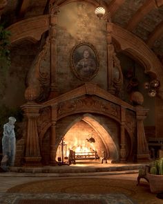 a fireplace in a large room with statues around it