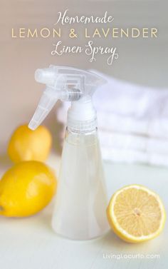 the lemon and lavender linen spray is next to some lemons