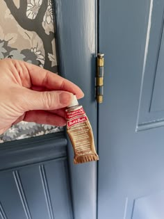 a person holding a paint brush in front of a blue door