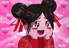 a cartoon girl with black hair and big eyes