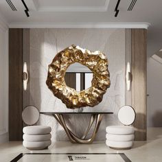 a modern living room decorated in gold and white with a circular mirror on the wall