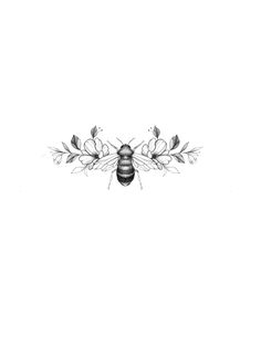 a black and white drawing of a bee with flowers on it's back side