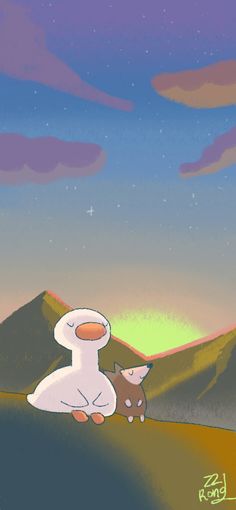 an animated image of a bird and a cat sitting on the ground with mountains in the background