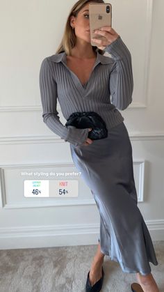 Old Money Grey Outfit, Gray Maxi Skirt Outfit, Grey Maxi Skirt Outfit, Smart Outfit, Trending Fashion Outfits, Looks Street Style, Evening Outfits, Outfit Look, Traditional Fashion