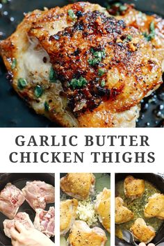 garlic butter chicken thighs in pans with text overlay