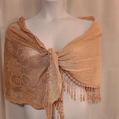 Nwot Triangle Scarf, Head Wrap, Or Wear Over Shoulders. - One Side Solid/One Side Sheer Look With Embroidery Of Flowers. Light Cafe/Peach Color L 50 W 18 Mysterious Clothes, Ball Outfits, Scarf Head Wrap, Fancy Ball, Brown Shawl, Pink Shawl, Scarf Head, Triangle Shawls, Triangle Scarf