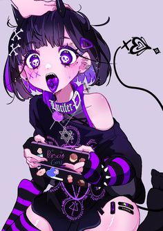 Purple Demon, Drawn People, Goth Kids, Dark Purple Aesthetic, Yami Kawaii, Dark Art Illustrations, Anime Oc, Creepy Cute, Kawaii Drawings