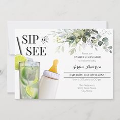 the sip and see baby shower is set on top of a white card with greenery