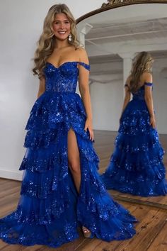 Wholesale Gorgeous Prom Dress A-Line Off The Shoulder Tiered With Split Prom Dress With Split, Train Fabric, Lovely Partner, Gorgeous Prom Dresses, Dress With Split, Royal Blue Prom Dresses